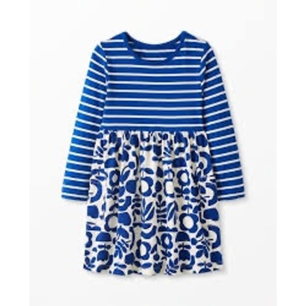 Hanna Andersson Girls Blue White Striped Floral Cotton Playdress Size 130 US 8